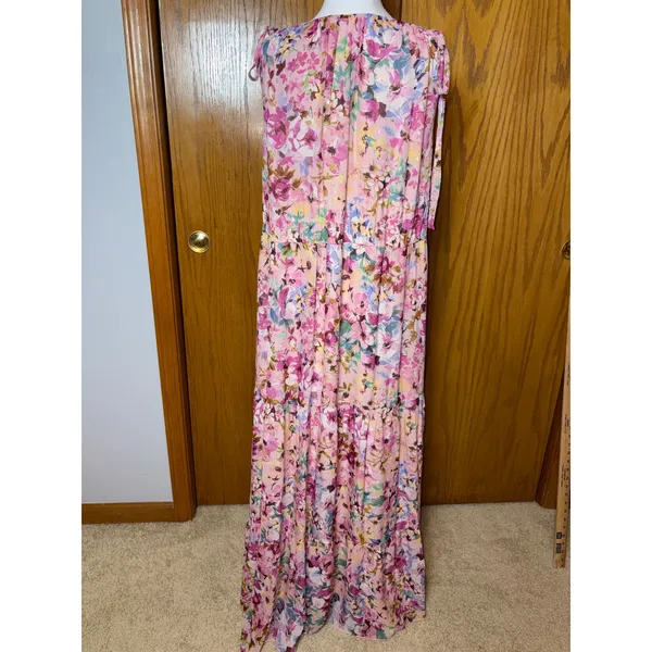 Shoshanna Midnight Zahra Gown Pink Floral Metallic Tiered Maxi Dress 12 AS IS - Image 6