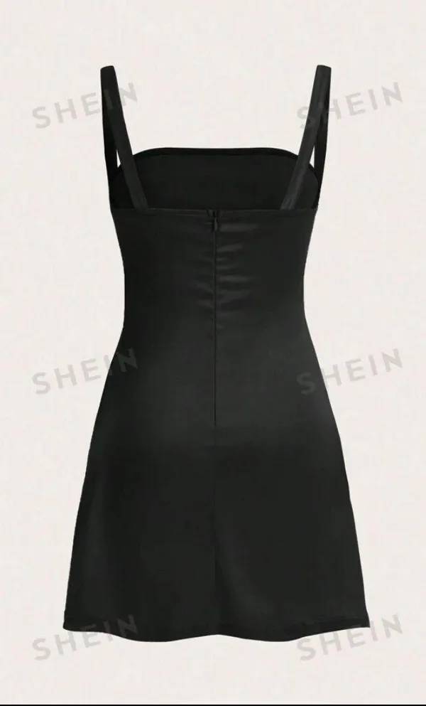 SheIn EZwear Solid Color Back Zipper Women's Chest Splicing Slip Satin Black Dress With Spaghetti Straps - Image 2