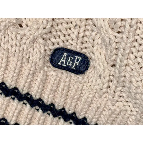 Abercrombie & Fitch Cream Cable Knit Stripe Cropped Varsity V-Neck Sweater Sz XS - Image 7
