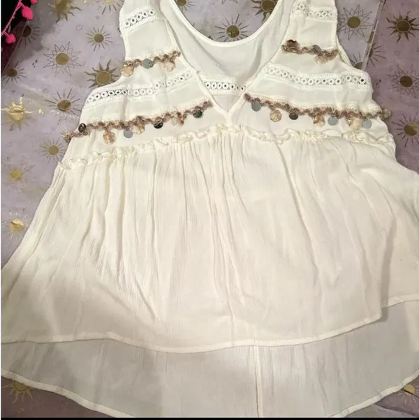 Boutique Sleeveless Embroidered Boho Blouse With Embellished Rope & Eyelet Details. - Image 3