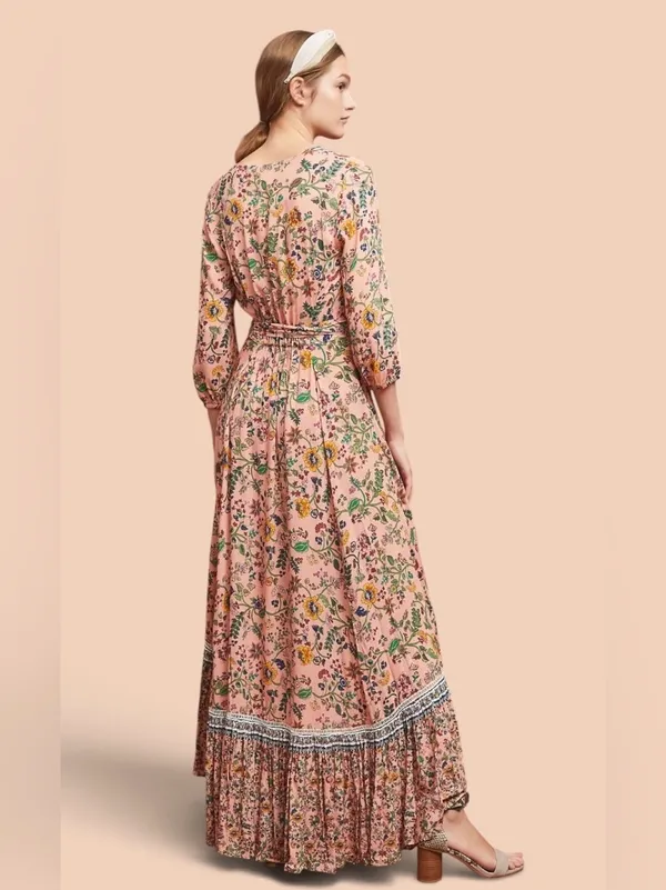 FARM Rio 100% Viscose Pink Floral Wrap Long Sleeve Maxi Dress Size Medium🌸💗 - Image 2
