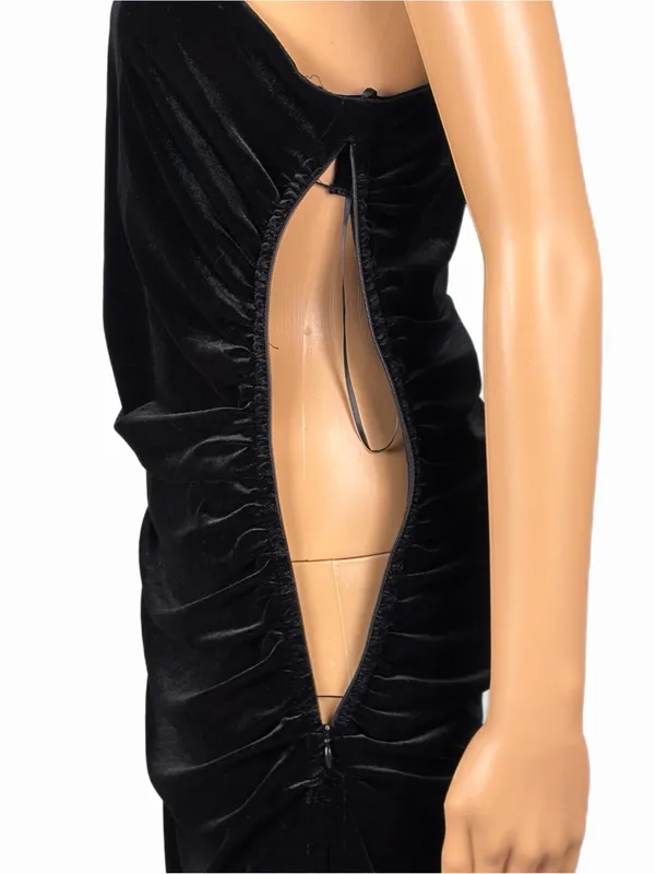 HOUSE OF HARLOW 1960 Black One-Shoulder Ruched Velvet Dress Small - Image 6
