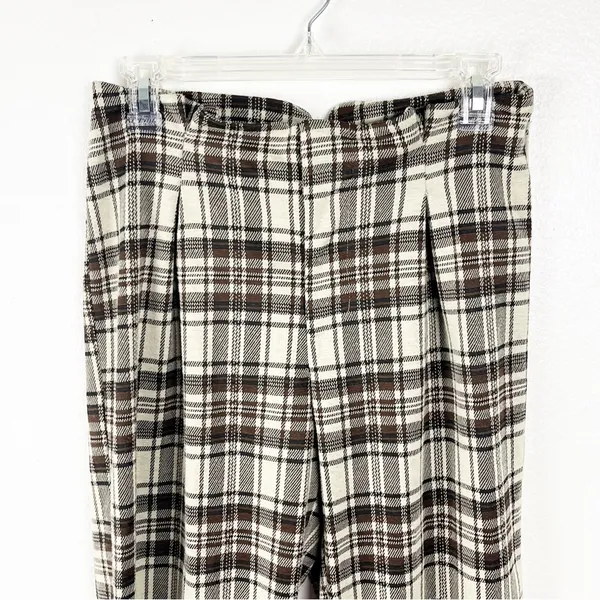 FREE PEOPLE Brown Cream Plaid High Rise Trouser Pants XS Boho Preppy Casual - Image 7