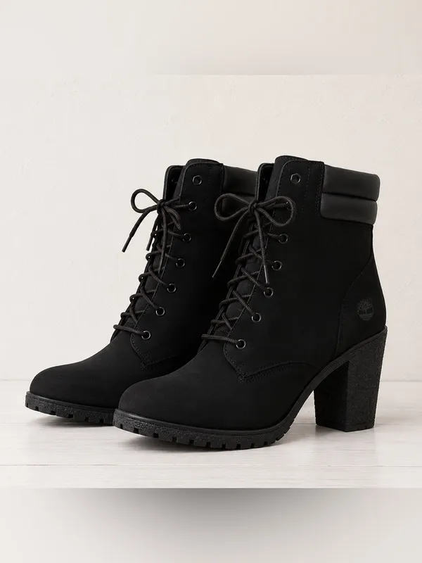 Timberland Tillston 6 Inch Double Collar Black Nubuck Chunky Heel Lace Up Boot - Image 5