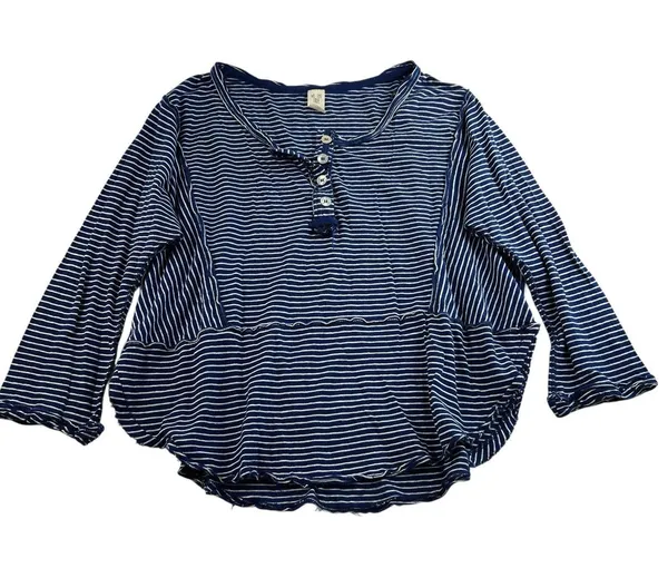 We The Free People S Small Hong Kong Henley Top Navy Striped Raw Hem Boho Beachy - Image 3