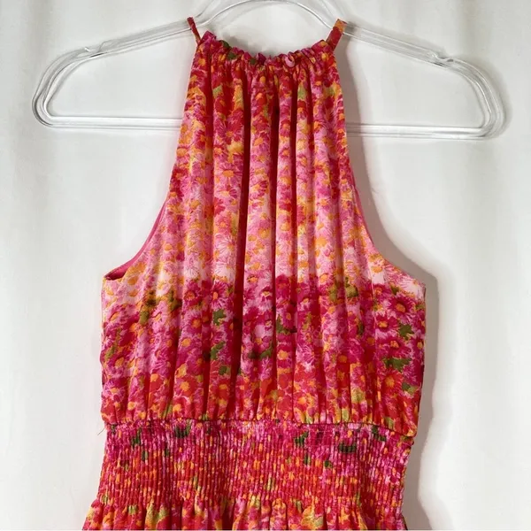 Zara Basic Pink Floral Pleated Ruffle Halter Neck Mini Dress Womens Medium - Image 2