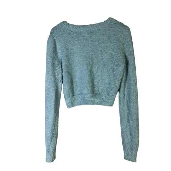 NWT Altar'd State Eyelash Knit Fuzzy Cardigan Sweater Baby Blue Cropped Size L - Image 4