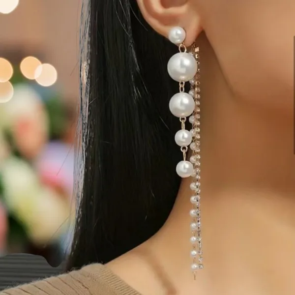 Faux Pearl Shiny Rhinestone Chain Tassel Design Dangle Earrings Elegant‎ - Image 3