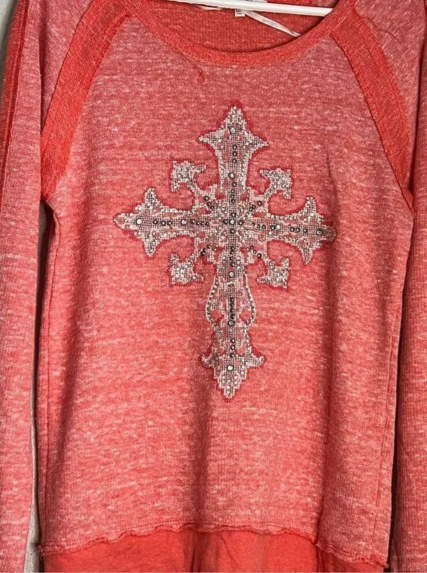 Miss Me Shirt Womens S Pink Embroidered Rhinestone Studded Cross Round Neck - Image 2
