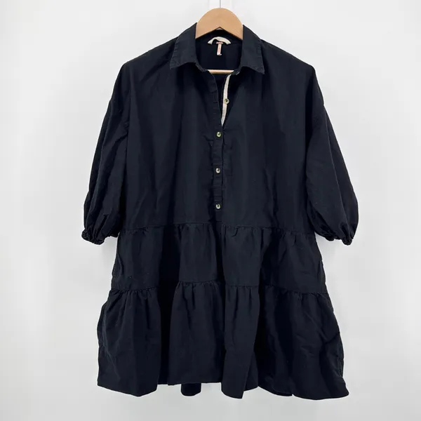 Free‎ People Misha Tunic Shirt Dress Black Tiered Ruffle Balloon Sleeve Small - Image 2
