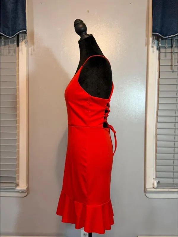 Red Lace Up Back Bodycon Ruffle Hem Spaghetti Strap Mini Cocktail Date Night - Image 4