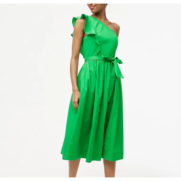 J.Crew One Shoulder Midi Dress A Line Ruffle Pockets Kelly Green US 00 NWT - Image 2