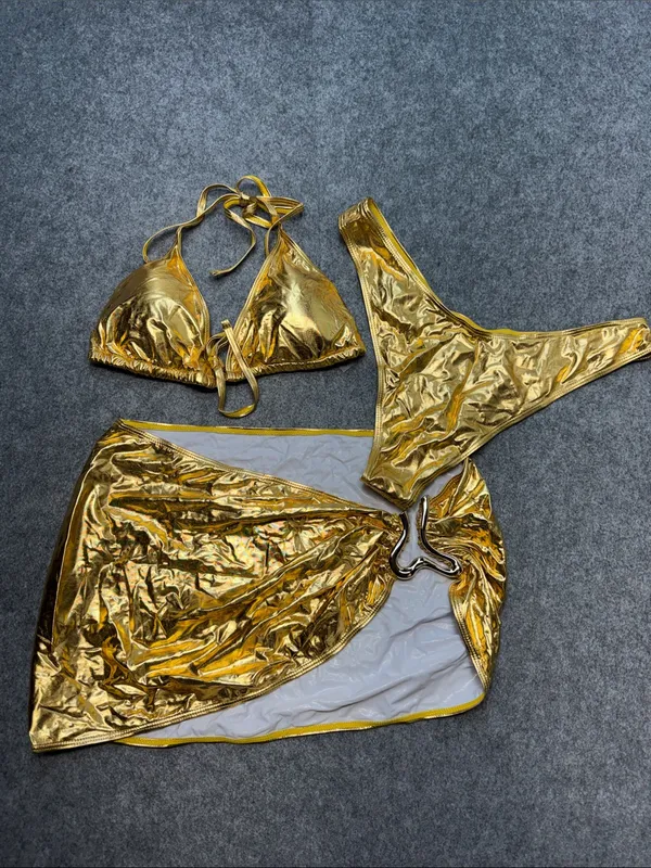 3 Piece Swimsuit Metallic Halter Triangle Bikini Set with Cover Up Beach Skirt - Image 2