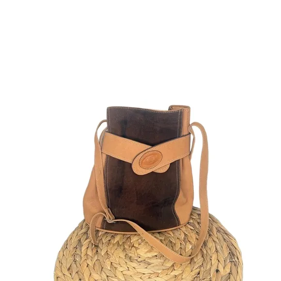 Vtg Leather Bucket Bag Dual Toned Brown Camel Handcrafted Luxurious Vintage - Image 2