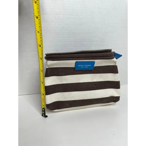 Henri Bendel Cosmetic Bag Brown White Stripe Blue Strap - Image 10