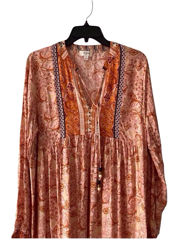 Umgee Boho Paisley Maxi Dress Long Sleeve Tassel Tie V-Neck Size M - Image 3