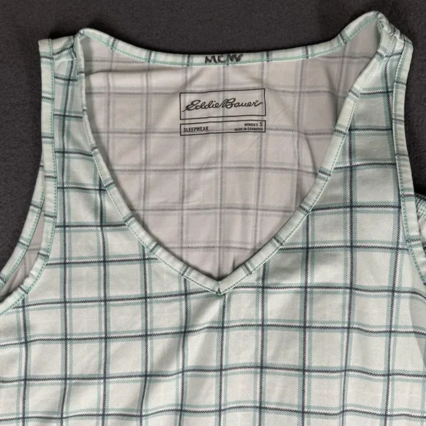 Eddie Bauer Pajama Set Womens Small Green Plaid Tank Top Pants Sleepwear Jersey - Image 4
