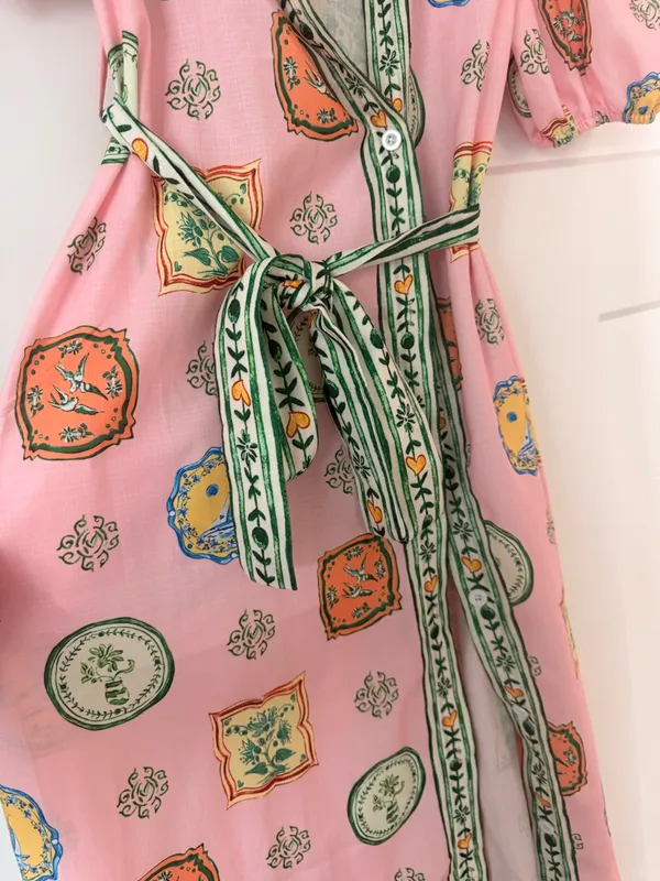 Boutique Pink Porcelain-Print Belted Midi Dress — Size Small - Image 2