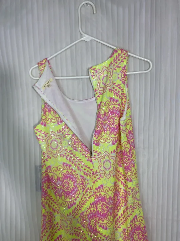 Miami Dress Womens Medium Neon Yellow Pink Sequin Mini Dress Sleeveless - Image 4