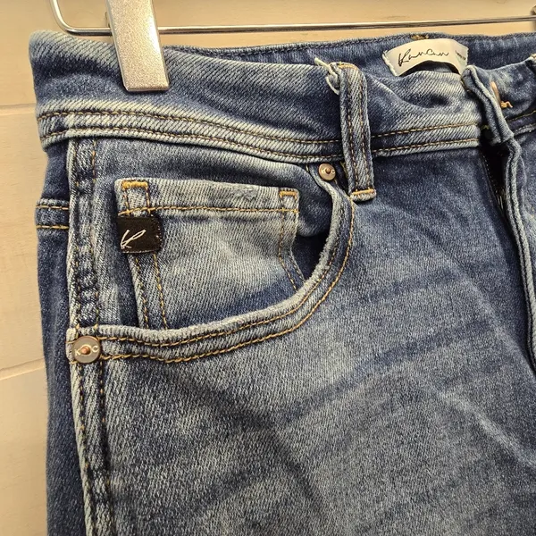 {29} KanCan Distressed Blue Jean Split Flare Hem Fringe Detail - Image 4