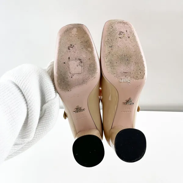Prada Patent Leather Block Heel Square Toe Mary Jane Pumps Shoes Nude 38.5 - Image 6