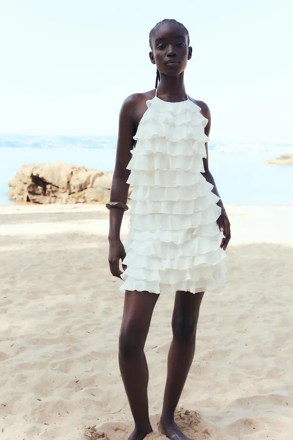 Zara ivory ecru mini dress halter ruffle Bohemian summer vacation evening casual - Image 7