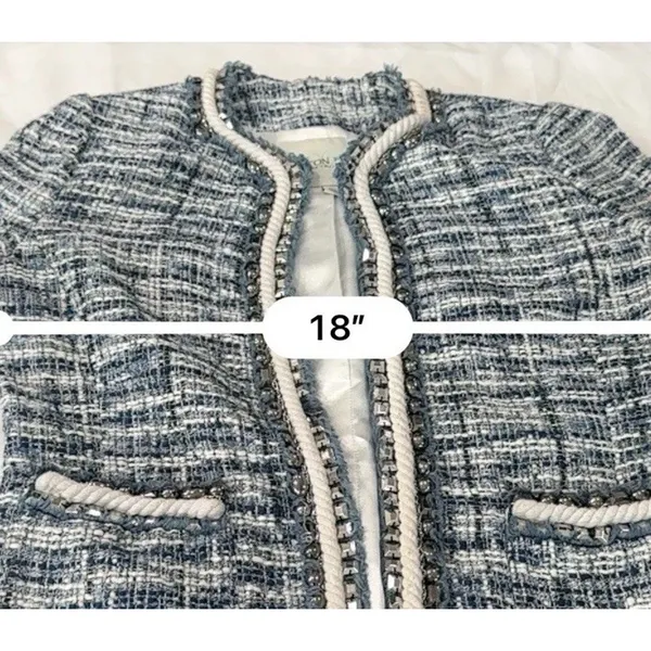 Boston Proper Blue Tweed Jacket Blazer Size 8 Bead Accents Rope Trim - Image 10