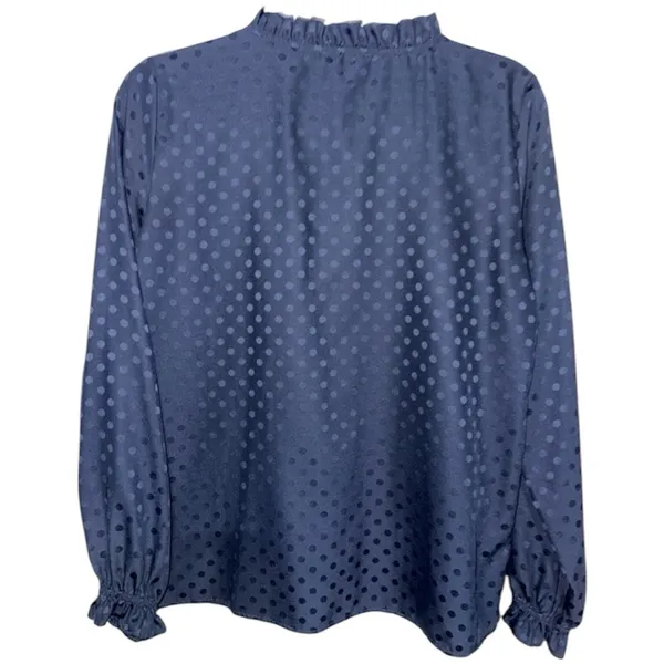 LOFT Navy Blue Ruffled Collar Polka Dot Button Down w/ Gathered Long Sleeves - Image 2