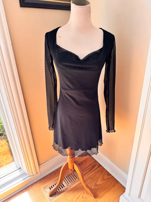 Stradivarius Black Long Sleeve Mesh Mini Dress S - Image 3