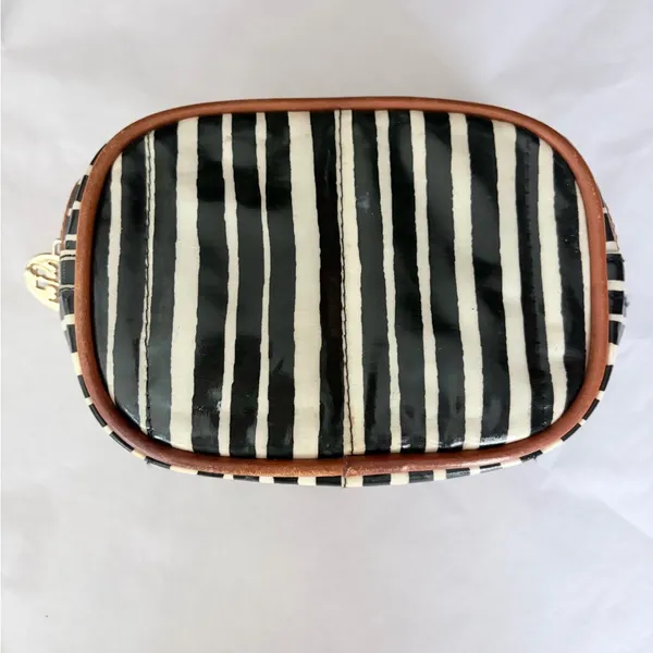 Tory Burch Black & White Striped Cosmetic Pouch Brown Logo Trim - Image 2