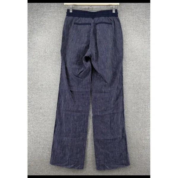 Athleta Pinstripe Wide Leg Pants Womens 4 Blue 100% Linen Coastal Drawstrings - Image 2