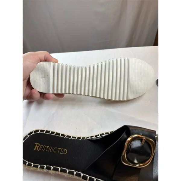 Restricted Womens Black Espadrille Slide Sandals Gold Buckle Jute Trim - Image 4
