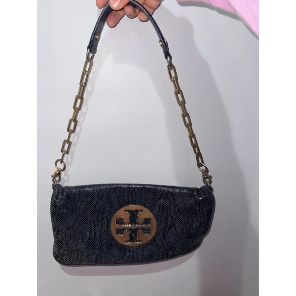 Tory Burch Reva Clutch Blue Leather‎ Snakeskin Print Chain Handbag Bag L - Image 2