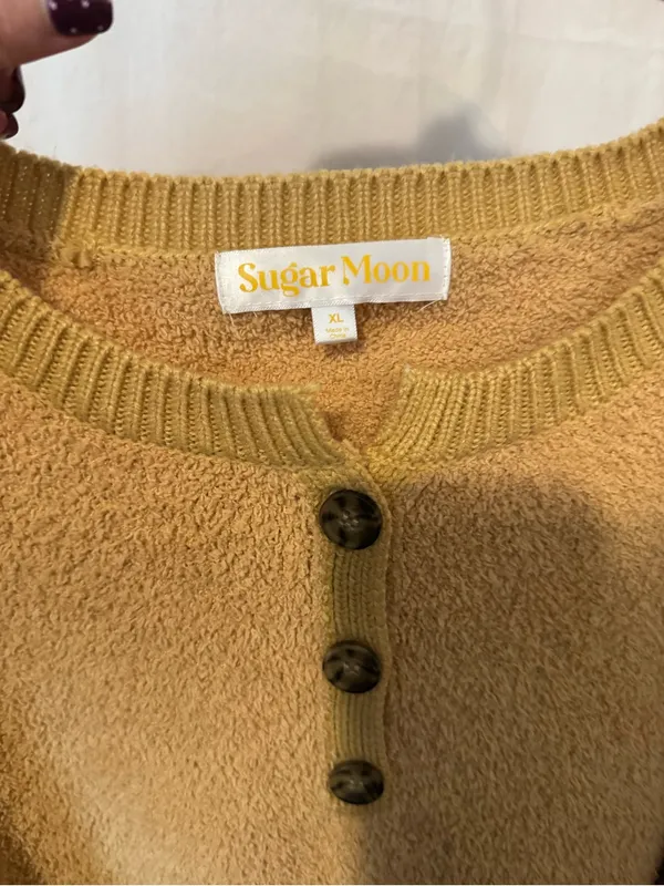 Sugar Moon Mustard Yellow Teddy Knit Henley Sweater XL Cozy Crop - Image 3