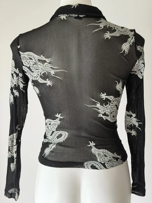 Vintage Dragon Print Button Up Mesh Top Black - Image 3