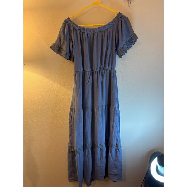 AUW Periwinkle Blue Off The Shoulder‎ Crochet Lace Trim Tiered Maxi Dress Small - Image 2