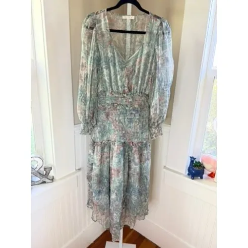LoveShackFancy Floral Smocked Waist Tiered Midi Dress Sage Green XS - Image 2