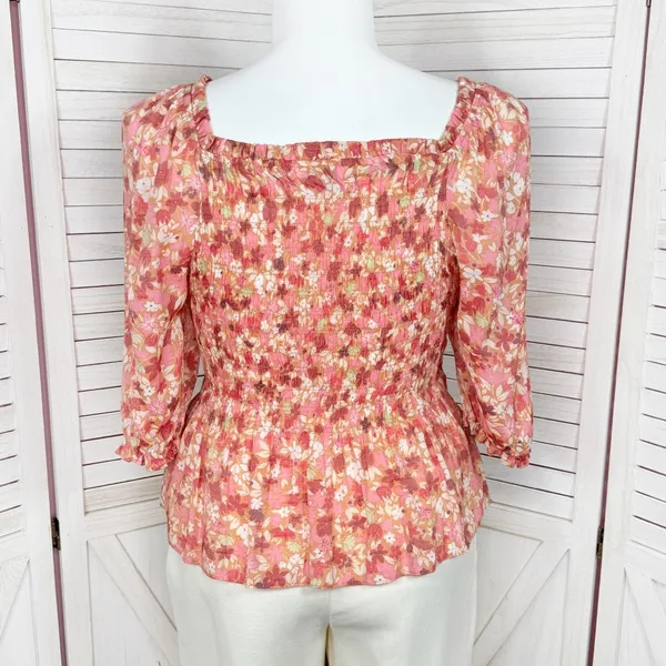 Nanette Lepore Cottagecore Floral Smocked Peplum‎ Puff Sleeve Blouse Pink Large - Image 4