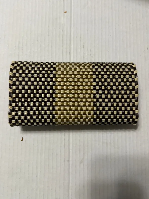Vintage Woven Clutch Wallet Brown Beige Boho Evening Purse Pearl Accent Snap Closure - Image 5