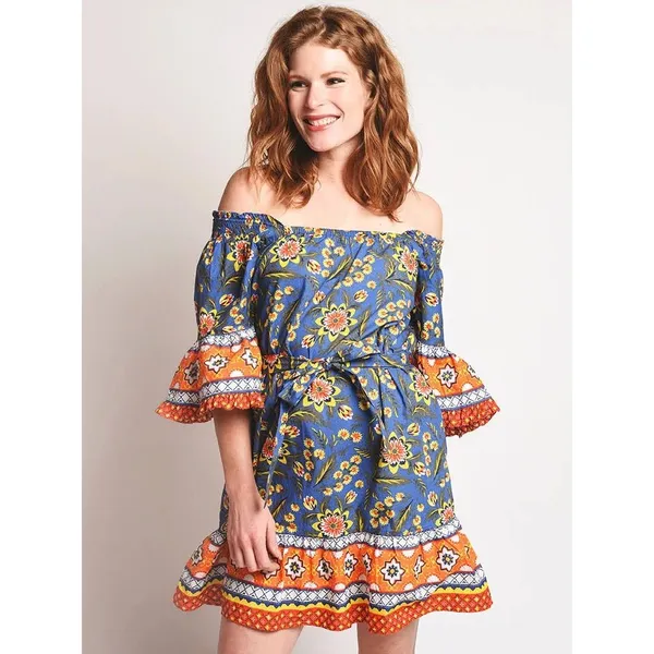 JOIE Dress Blue Chloris Mini Floral Off Shoulder Fit Flare Prairie Boho Medium - Image 5