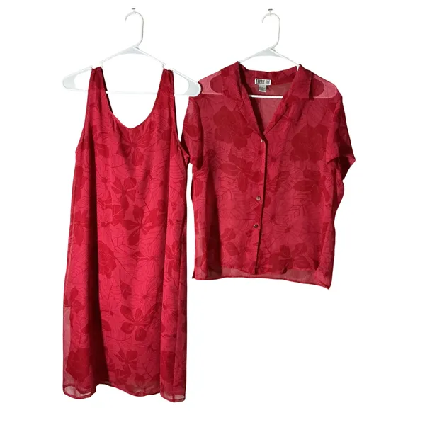 Robbie Bee Silk Floral 2 Piece Dress & Shirt Set Womens 14 Red Tropical Romantic - Image 2