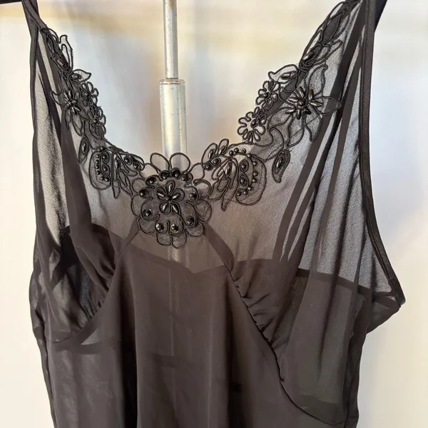 Sheer Sexy Black Lingerie Slip Dress Lace Floral Babydoll Strappy Mini Romantic - Image 2