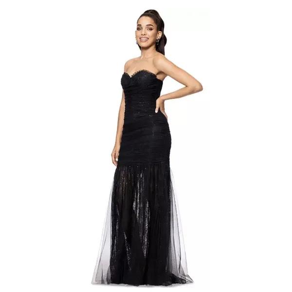 Betsy & Adam Women's Black Sequined Lace Corset Gown Dress Size 8 Sweatheart - Image 2