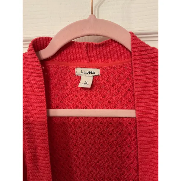 L.L. Bean Woven Knit Coral 100% Cotton Open Front Cardigan, sz M - Image 3