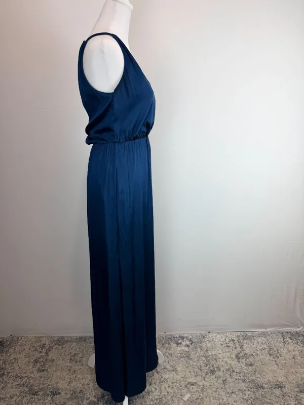 H&M dark teal satin maxi dress minimalist slip with slit and open back vibe 2 - Image 13