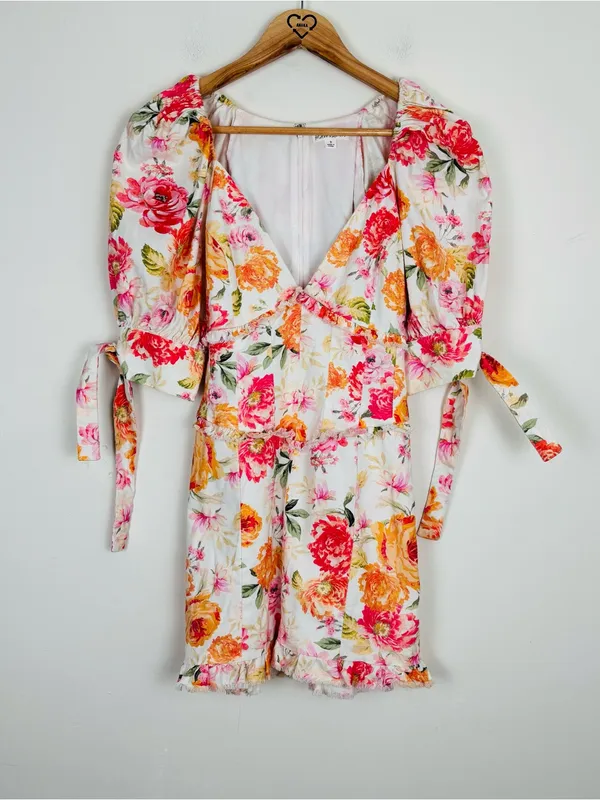 For Love & Lemons Julep Linen Blend Floral Mini Dress Coral Romantic. Small - Image 5