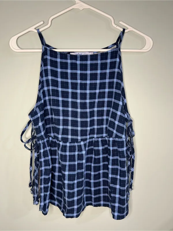 Velvet Moon blue and black gingham peplum halter top high square neck medium - Image 2