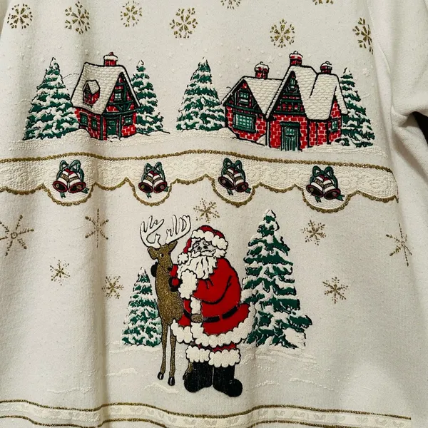 Vintage Oneita Ugly Christmas Sweatshirt 90s Santa Reindeer Cottage Size Med - Image 6