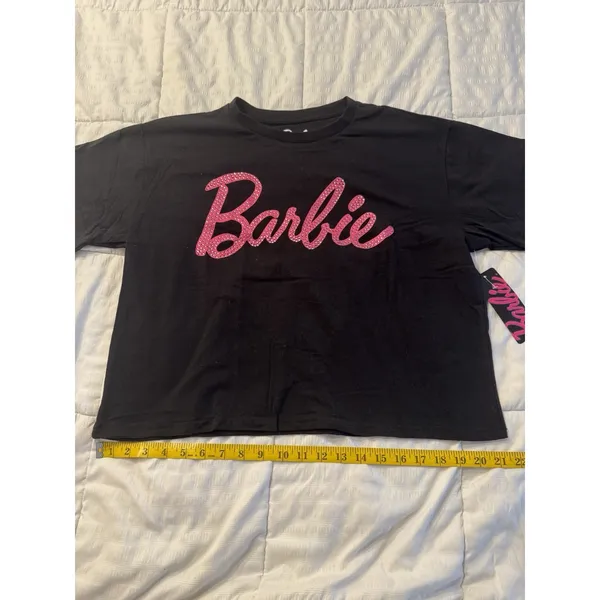 Barbie Cropped T-Shirt Black Pink Rhinestone Y2k Chill Streetwear Bling XL NWT - Image 3