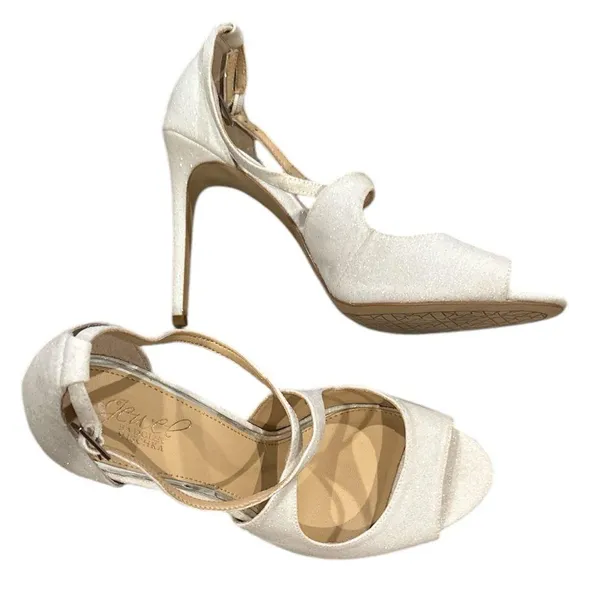 Jewel Badgley Jonna Mischka White Shimmer Sparkle Ankle Crisscross Heel Peep Toe - Image 2